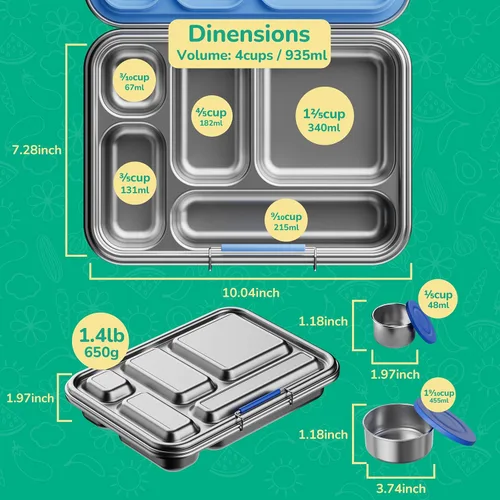 Miniatura 4 de AOHEA Caja Bento de Acero Inoxidable para Niños, Caja de Almuerzo Bento de Metal para Niños, Envases de Almuerzo Libres de BPA, Caja Bento de Acero