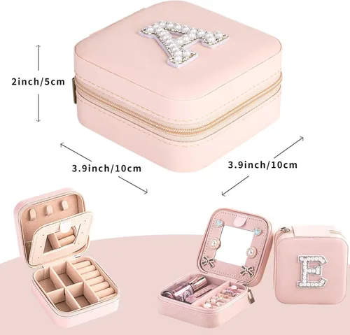 Miniatura 4 de Qncssk Joyero de viaje para mujeres y niñas, pequeño joyero organizador de almacenamiento con perlas con purpurina inicial - Mini elegante regalo