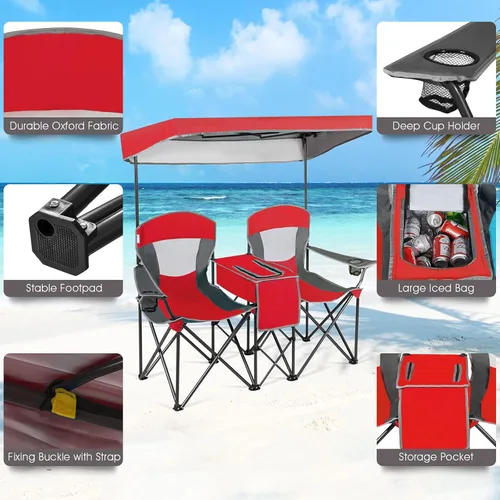 Miniatura 5 de GYMAX Silla de campamento doble, silla de playa con toldo y protección UV ajustable, refrigeradora, portavasos y bolsa de transporte, silla plegable