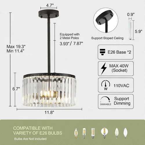 Miniatura 2 de Moderna lámpara de techo de cristal semiempotrada negra de 12" para comedor, candelabro pequeño de lujo glamoroso de 2 luces para dormitorio