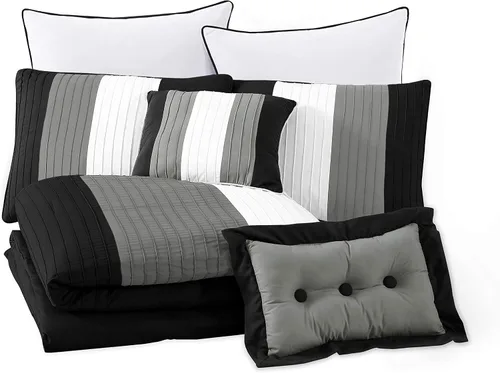 Miniatura 3 de Chezmoi Collection Loft - Juego de edredón de lujo a rayas de 6 piezas (tamaño individual, negro/gris/blanco)