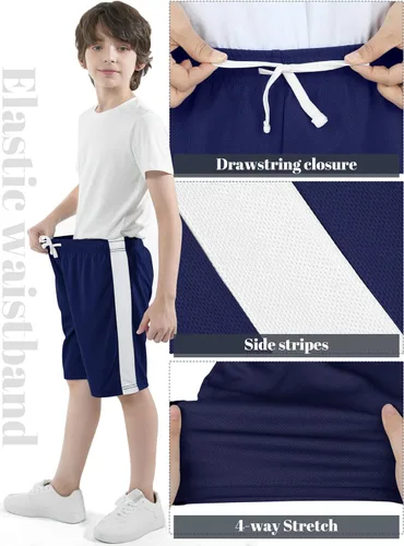 Miniatura 5 de Resinta Paquete de 4 pantalones cortos deportivos para niños, de baloncesto, de malla, de secado rápido, pantalones cortos de fútbol para el verano