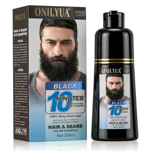 Champú de tinte para barba y bigote para hombre, cobertura instantánea 100% de cabello gris, champú de color negro 3 en 1 para cabello facial para