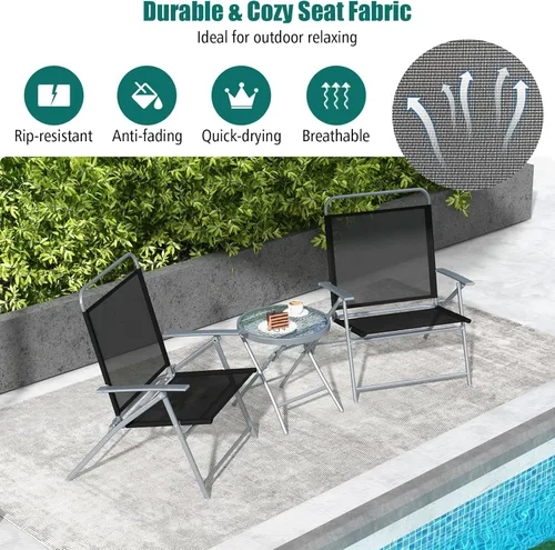 Miniatura 4 de Tangkula Juego de 3 sillas plegables para patio, juego de conversación de metal para exteriores con mesa auxiliar, asiento extragrande, marco