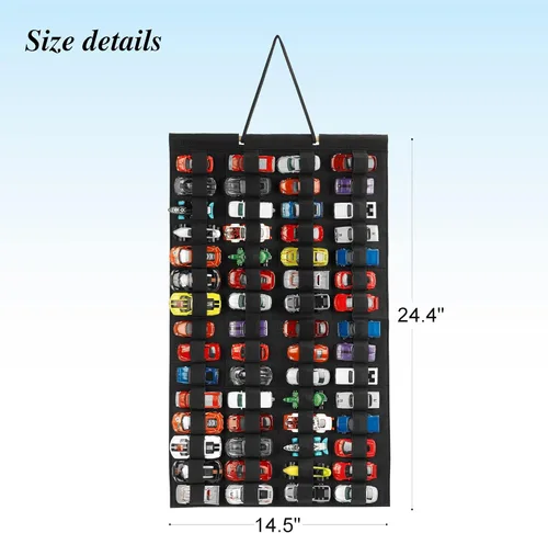 Miniatura 5 de Organizador de almacenamiento colgante para autos de juguete, vitrina de fieltro con capacidad para 60 autos de juguete (sin accesorios) (negro)