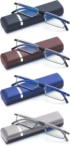 Paquete de 4 lentes de lectura para hombres, con bloqueo de luz azul y estuche (Negro, Marrón, Azul, Gris, 1.5, multiplicador_x)