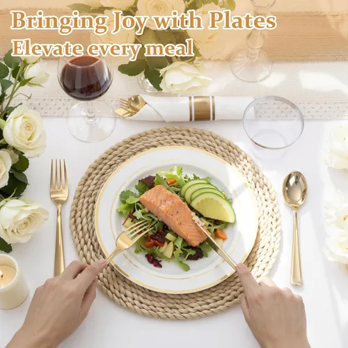 Miniatura 3 de WDF Partyware Juego de vajilla dorada de 350 piezas para 50 invitados, platos de plástico dorado con cubiertos desechables, 50 platos de cena, 50