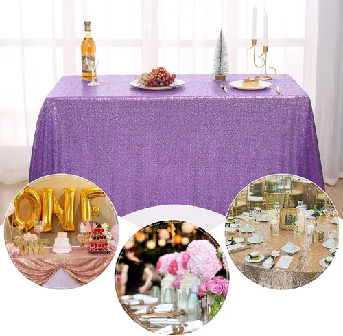 Miniatura 3 de nanbowang Mantel de lentejuelas color morado claro para fiestas, rectangular, superposición de tela de lentejuelas, manteles de mesa de cumpleaños