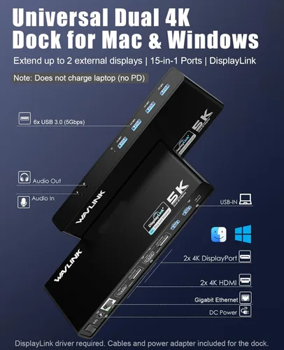 Miniatura 2 de WAVLINK Estación de acoplamiento universal Pro Dual 4K a 60Hz Base USB 3.0/USB-C para laptop Mac (M1-M5, Neo) y Windows 2 HDMI/DP, Gigabit