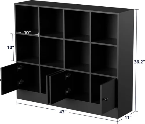 Miniatura 2 de Estantería de madera negra Cozy Castle, organizador de almacenamiento de 12 cubos con 4 puertas, gabinete de almacenamiento de 3 niveles