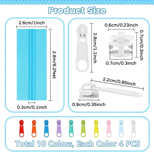 Miniatura 3 de DOITEM 31 yardas, 10 unidades de cremalleras de costura #3, cremalleras de bobina de nailon surtidos para coser con 40 deslizadores de cremallera