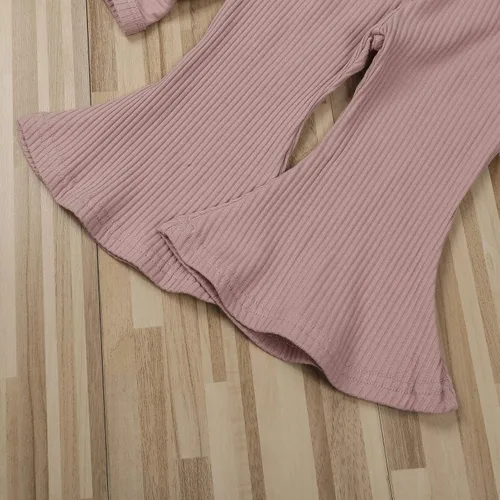 Miniatura 7 de Ropa para bebé y niña, acanalado, con volantes, manga larga, mameluco, pantalones acampanados, color sólido, otoño, invierno, trajes de 2 piezas