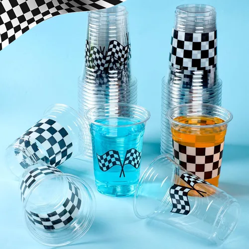Miniatura 4 de peony man 50 vasos de plástico para fiestas de carreras a cuadros, de 16 onzas, color blanco y negro, con bandera a cuadros, vasos desechables