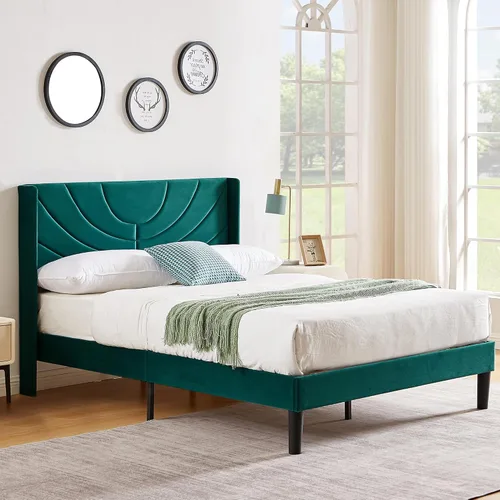 VECELO Base de cama tapizada tamaño Queen con cabecera de tela, soporte de listones de madera, no necesita somier, base de colchón, color verde