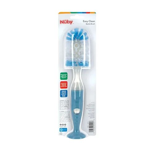 Miniatura 8 de Nuby Cepillo para botella de cerdas suaves y duraderas con asas texturizadas y base de succión, sistema 2 en 1, color azul