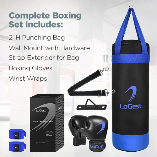 Miniatura 2 de LoGest Juego de saco de boxeo para niños, adecuado para sacos de boxeo para niños de 3 a 8 años de edad, guantes de boxeo y vendas de mano Azul