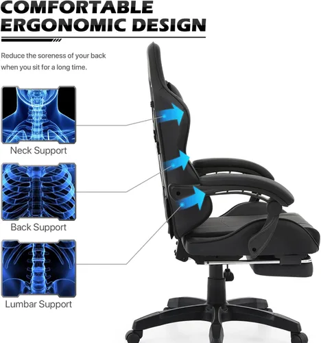 Miniatura 5 de MoNiBloom Silla de juegos de computadora con reposapiés y soporte lumbar, silla de carreras ergonómica de altura ajustable para adultos