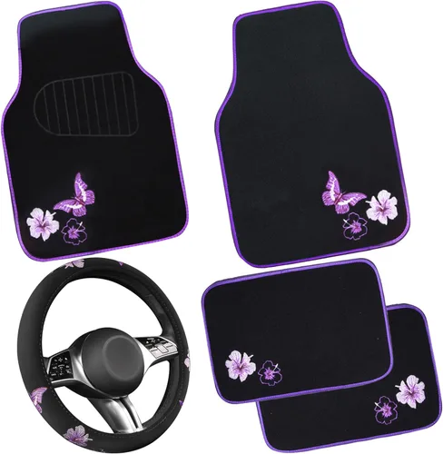 Miniatura 8 de CAR PASS Juego completo de fundas de asiento de coche de tela universal con mariposas, alfombrillas de coche impermeables bordadas con flores, funda