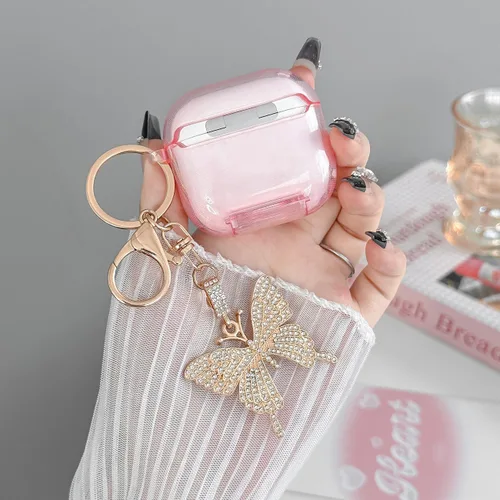 Miniatura 5 de Bonita funda rosa para Airpods de 4 generación con cerradura y llavero de mariposa brillante para mujeres femeninas, funda rígida transparente única