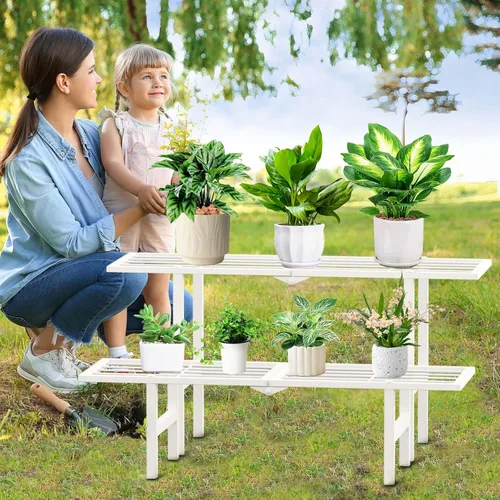 Miniatura 7 de Soporte de metal de 2 niveles para plantas para exteriores e interiores, estante plegable separado para plantas al aire libre, soporte de escalera