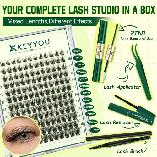 Miniatura 4 de KEYYOU - Kit de extensión de pestañas para bricolaje, 144 pestañas en racimo, kit con cepillo tipo rímel, pegamento para unir y sellar, removedor