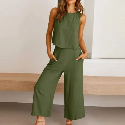 Miniatura 3 de InterNos Conjunto de 2 piezas de verano para mujer, sin mangas, con botones en la espalda, pantalones cortos de pierna ancha, conjunto de lino