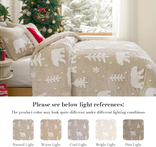Miniatura 9 de Amélie Home Juego de edredón de Navidad tamaño Queen, juego de ropa de cama de Navidad esponjoso con oso polar, edredón de felpa de forro polar