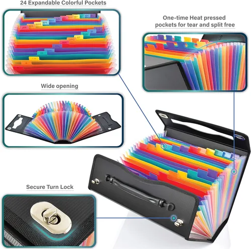 Miniatura 4 de CNK Carpetas de Archivos de Acordeón con 24 Bolsillos Organizador para Almacenamiento de Documentos en Papel Carpeta de Documentos Expandible Negro