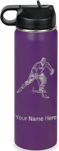 Miniatura 42 de LaserGram Botella de agua personalizada, jugador de hockey, acero inoxidable de doble pared aislada al vacío con popote superior, regalo grabado