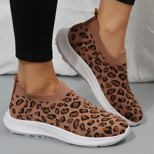 Miniatura 2 de Tenis de moda con estampado de leopardo para mujer, parte superior de malla elástica, transpirables, cómodos y ligeros, mocasines y sin cordones