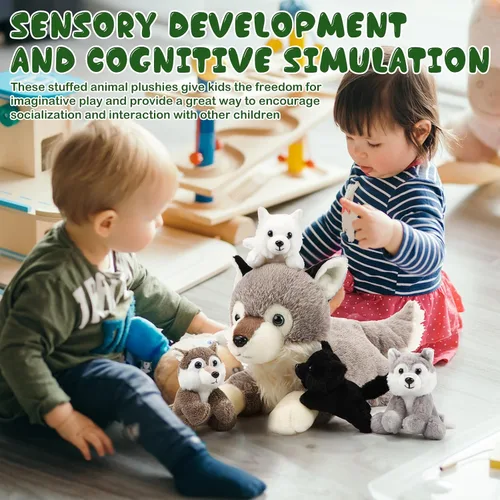 Miniatura 5 de Shappy Juego de 5 juguetes de peluche de lobo de 16 pulgadas con 4 lobos bebés interactivos para niños, niñas, graduación, regreso a clases