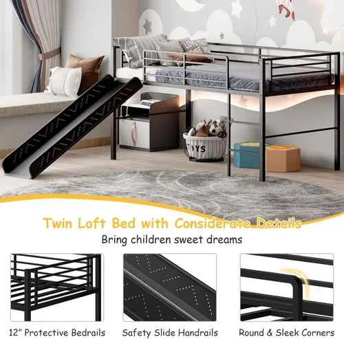 Miniatura 5 de Giantex Cama alta individual con tobogán, litera baja de metal con barandillas de seguridad y escalera integrada, marco de suelo de cama infantil