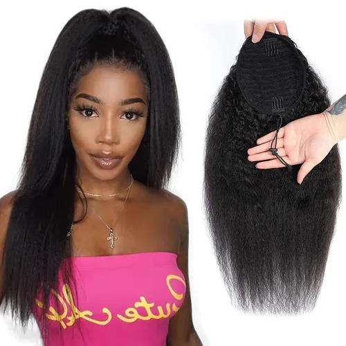 Miniatura 9 de Extensión de Cola de Caballo de Cabello Humano Kinky Recto con Pasta Mágica Envolvente de 30,48 cm, Cabello Natural Negro Brasileño, Extensiones