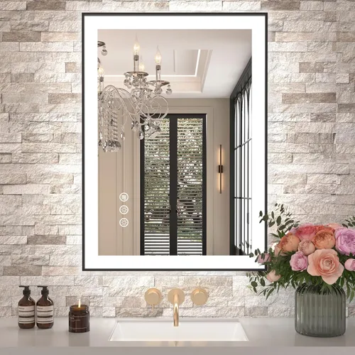 Miniatura 62 de Amorho Espejo de baño LED de 24 x 32 pulgadas con luces, iluminación frontal y retroiluminación, regulable continuamente, antiniebla, vidrio Frente
