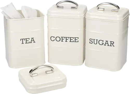 Miniatura 2 de Kitchen Craft Living Nostalgia - Recipientes para té, café y azúcar en caja de regalo, acero, crema antigua, juego de 3 piezas, mediano