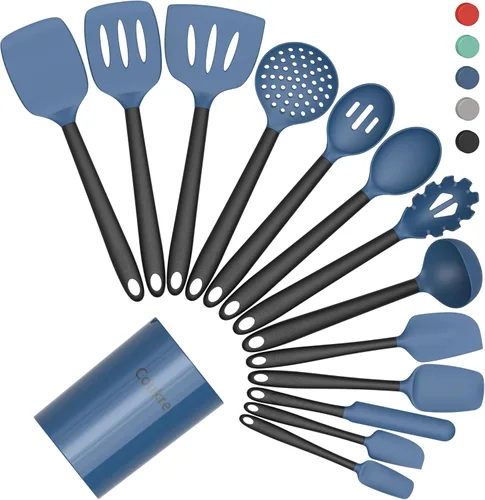 Coukre Juego de utensilios de cocina de silicona con soporte, resistentes al calor, herramientas de cocina de grado alimenticio, espátula, cuchara y