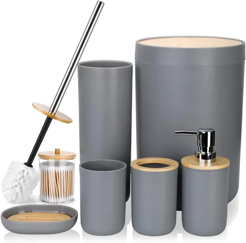 Otostar Juego de accesorios de baño gris de bambú con soporte Qtip dispensador de jabón, soporte para cepillos de dientes, vaso, jabonera, soporte
