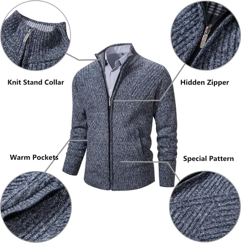 Miniatura 18 de VtuAOL Suéteres tipo cárdigan para hombre, con cremallera completa, cuello alto, cárdigan de punto casual con bolsillos