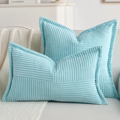 Miniatura 6 de HAUSSY Paquete de 2 fundas de almohada de 16 x 16 pulgadas, fundas decorativas de pana suave, estilo bohemio, a rayas, sólidas, decoración