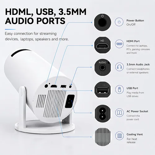 Miniatura 5 de Mini proyector HY300 Pro, proyector portátil Android 13 con WiFi y Bluetooth, compatible con video 4K, Keystone automático, rotación de 180°