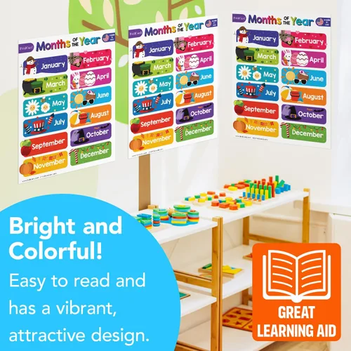 Miniatura 5 de 12 carteles educativos de los meses del año para niños de preescolar hasta 1er grado – Carteles de ayuda visual/aprendizaje coloridos