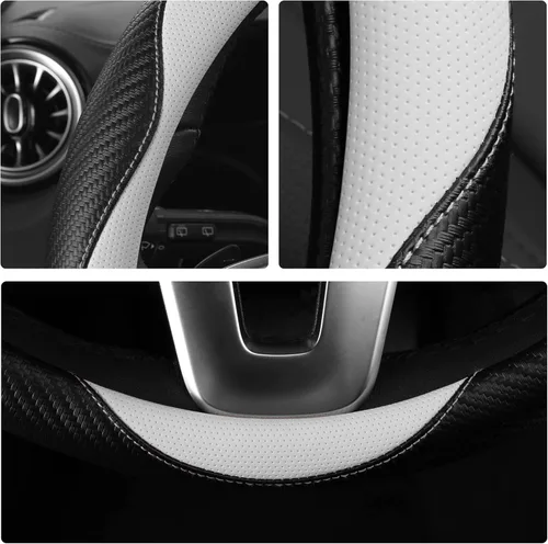 Miniatura 6 de HighnessHwoo Fundas acolchadas para volante de automóvil para mujer, de fibra de carbono, de piel sintética, accesorios interiores para vehículos