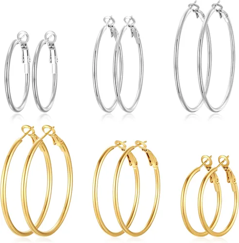 Silver Gold Two Tone Big Hoop Earrings for Women | 14K Real Gold Plated Hypoallergenic Large Womens Golden Hoops Earrings Set for Women 3 Sizes