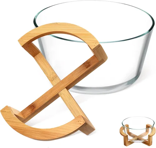 Miniatura 4 de Ensaladera grande de vidrio con base de madera, 84.5 fl oz, resistente al calor, para frutas, aperitivos, postres, microondas y lavavajillas, ideal