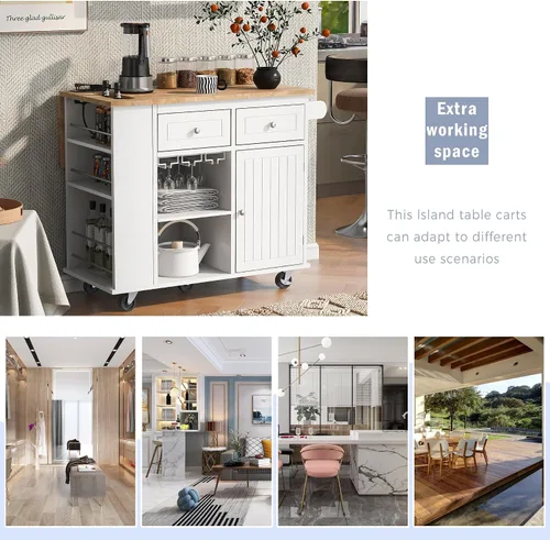 Miniatura 5 de Isla de cocina con toma de corriente, isla de almacenamiento de cocina con hojas caídas y madera de goma, mesa de carrito de cocina con 5 ruedas