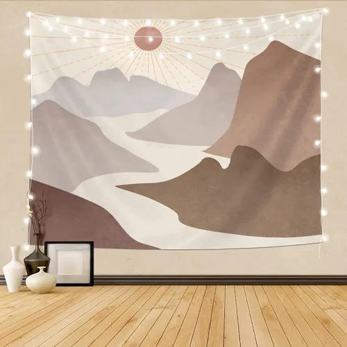Miniatura 2 de SUOTEMEIFEI Tapiz bohemio de sol de montaña, arte simple, diseño de amanecer, naturaleza, puesta de sol, paisaje, abstracto, estético, decoración