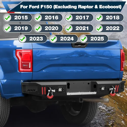 Miniatura 7 de Parachoques trasero F150 con anillos en D, luces LED, orificios de sensor, placa escalonada de acero inoxidable, parachoques trasero para Ford F150