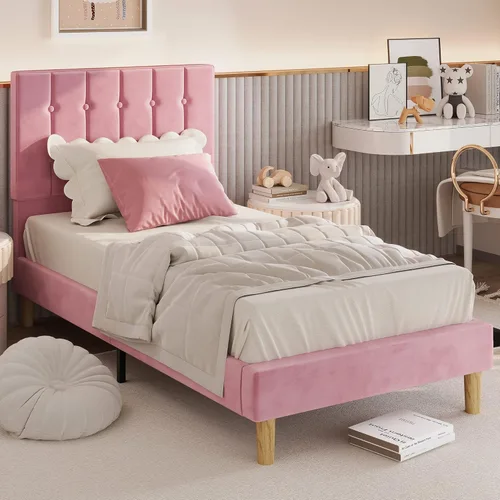 Miniatura 3 de LIKIMIO Base de cama tamaño individual, plataforma tapizada de terciopelo con cabecero y listones de madera fuertes, no necesita somier, sin ruido