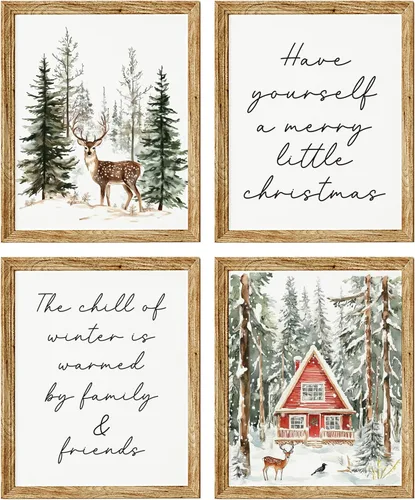 Miniatura 9 de LKETW Póster vintage de impresiones navideñas de invierno sin marco, juego de 4 unidades de 8x10 pulgadas, decoración de pared rústica de Papá Noel
