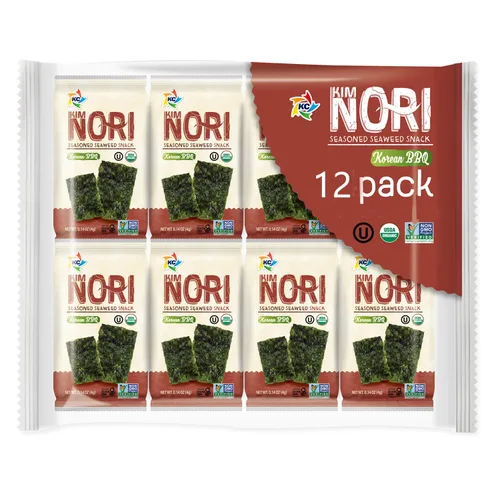 KIMNORI Bocadillos de algas orgánicas prémium – Crujiente barbacoa coreana (KBBQ) Laver, Keto, vegano y superalimento bajo en calorías, 12 paquetes